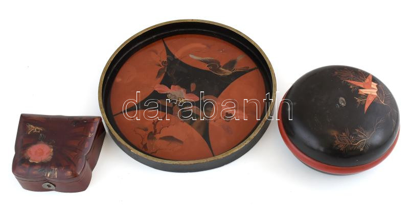 3 db antik japán lak tárgy , tálca + 2 doboz, sérülésekkel, kopásokkal, d: 12-27,5 cm