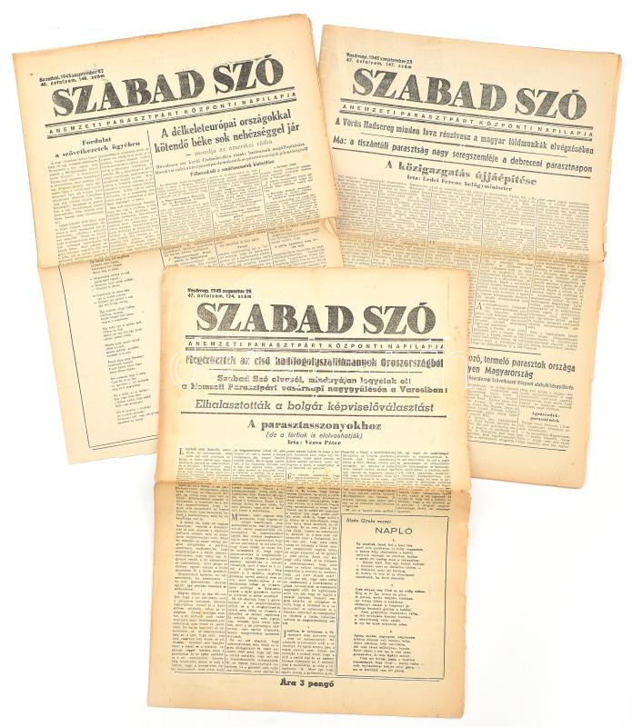 1945 Szabad Szó 4 db száma (47. évf. 124., 144., 146., 147. sz.), 1945. aug. 26. - szept. 23.