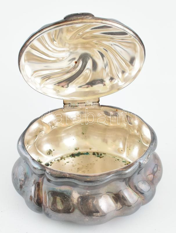 Ezüstözött alpakka doboz, jelzett, kopott, d: 12 cm - Image 2