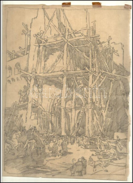 Muhits Sándor (1882-1956): Építkezés. Ceruza, hártyapapír, jelzés nélkül, lapszéli szakadásokkal, hajtásnyommal, 39,5×29 cm