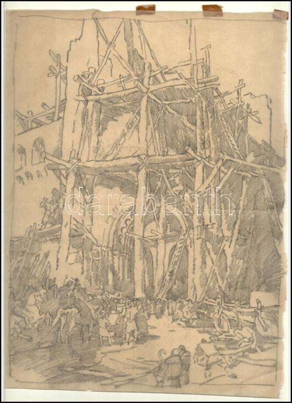 Muhits Sándor (1882-1956): Építkezés. Ceruza, hártyapapír, jelzés nélkül, lapszéli szakadásokkal, hajtásnyommal, 39,5×29 cm