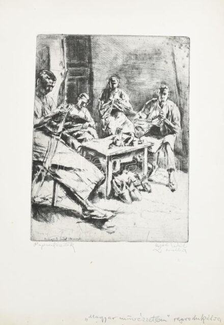 Aszódi Weil Erzsébet (1901-1976): papucskészítők. Rézkarc, papír, jelzett, lap alján Aszódi Weil Erzsébet autográf feliratával: 'Magyar Művészetben' reprodukálva. Lapszéle lyukasztott. 30×23 cm