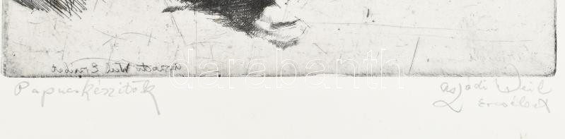 Aszódi Weil Erzsébet (1901-1976): papucskészítők. Rézkarc, papír, jelzett, lap alján Aszódi Weil Erzsébet autográf feliratával: 'Magyar Művészetben' reprodukálva. Lapszéle lyukasztott. 30×23 cm - Image 2