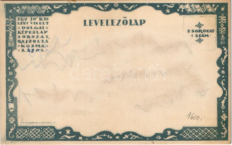 Fogkefe. Egy jó kislány viselt dolgai I. sorozat 1. szám / Toothbrush. Hungarian art postcard s: Kozma Lajos (Rb) - Image 2