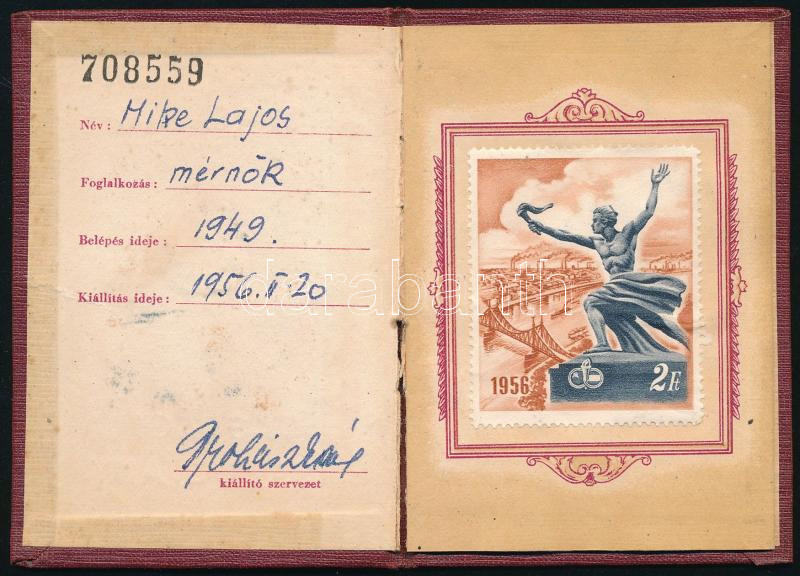 1956 Magyar-Szovjet Társaság tagsági igazolvány, 2 Ft bélyeggel