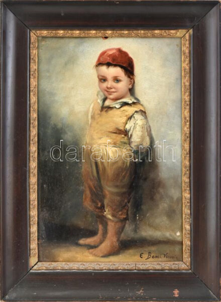 Emanuela Bassi: (?-?): Piros sapkás, velencei fiú. Olaj, karton, sérülésekkel, sérült fakeretben. Jelezve balra lent: E. Bassi Venezia. 45x30 cm