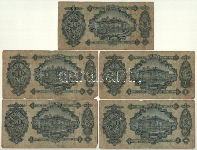 1930. 20P (5x) T:III,III- Hungary 1930. 20 Pengő (5x) C:F,VG Adamo P11 - Image 2