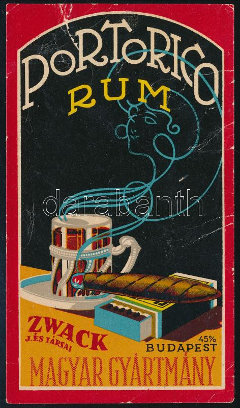 'J. Zwack és Társai, Portorico Rum,' italcímke, szakadt, 13x7 cm