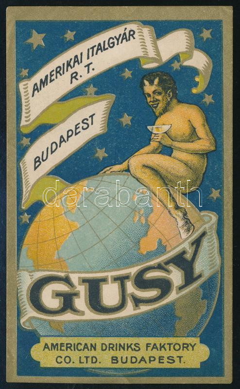 Amerikai Italgyár Rt. Budapest Gusy, litografált italcímke, 12x7 cm