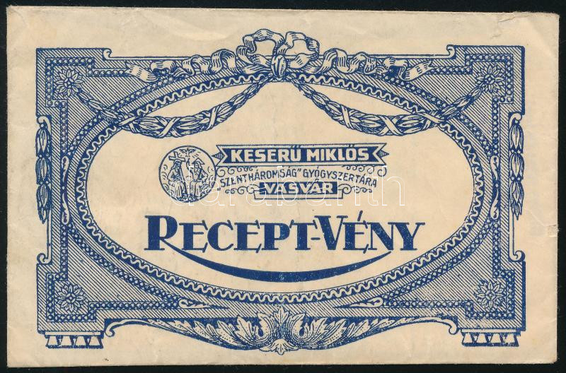 1936 Vasvár, Keserű Miklós 'Szentháromság' Gyógyszertára Recept-Vény borítékja, benne Tretter László vasvári körorvos receptjével,7x11 cm