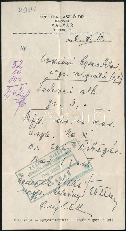 1936 Vasvár, Keserű Miklós 'Szentháromság' Gyógyszertára Recept-Vény borítékja, benne Tretter László vasvári körorvos receptjével,7x11 cm - Image 2