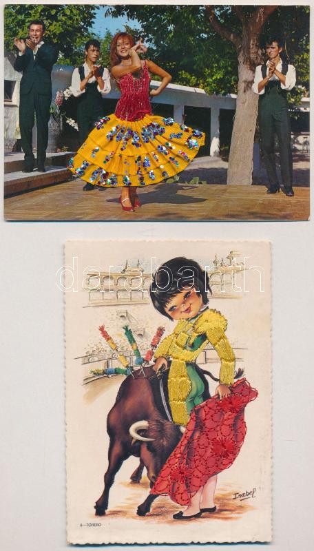 2 db MODERN spanyol táncos textil rátétes képeslap / 2 MODERN Spanish folklore textile and silk decorated postcards