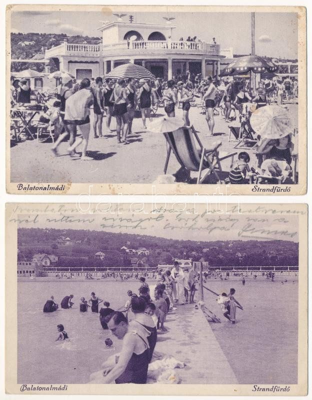 Balatonalmádi - 2 db RÉGI város képeslap: strand, fürdőzők / 2 pre-1945 town-view postcards