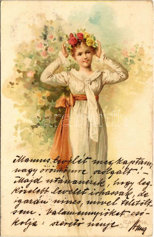 1901 Les quatres Saisons / 'The Four Seasons' Lady art postcard, litho s: V. V. (EK)