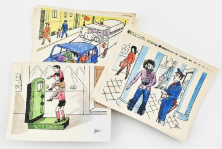 Szegő Gizi (Gis): Ludas Matyiban megjelent grafikák, karikatúrák vázlatai. 10 db. Vegyes technika, papír, összes jelzett. Mindegyik hátoldalán 'Ludas Matyi Szerkesztősége' vagy 'Ludas Magazin' bélyegzővel. max: 14x21cm