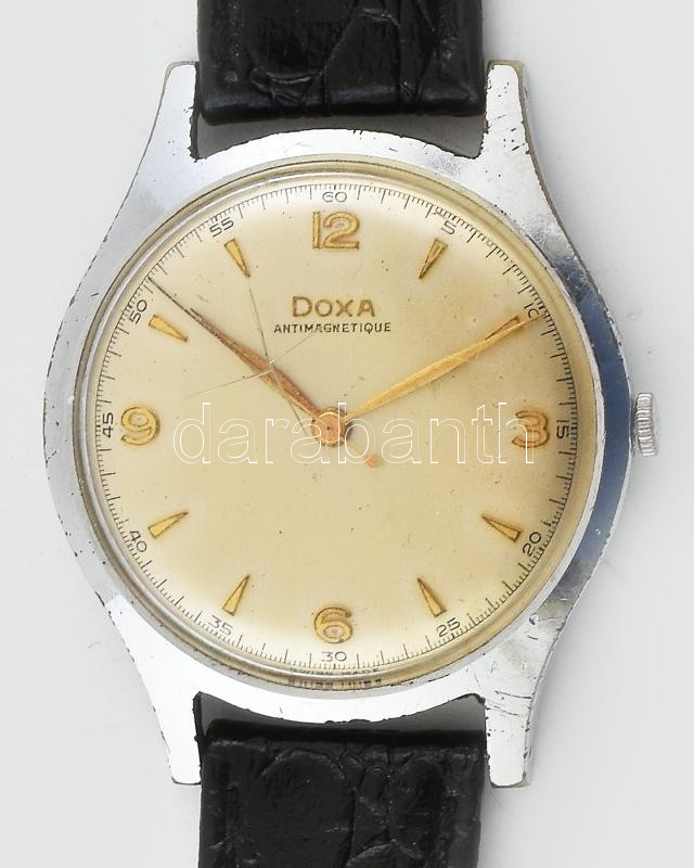 Doxa antimagnetic kézi felhúzós karóra szép számlappal. Karcos plexi, nem működik d: 36 mm Bőr szíjjal