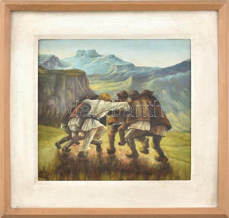 Kling jelzéssel: Moldovai táncoló férfiak. Olaj, rétegelt falemez. Keretben. 27x29 cm