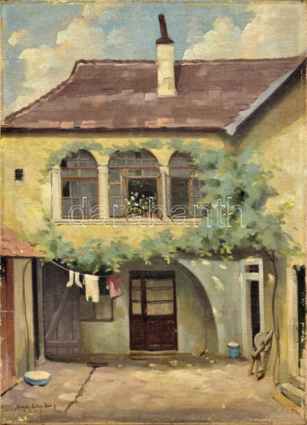 Aradi Edvi Illés Jenő (1886-1962): Udvar 1944. Olaj, vászon, Keret nélkül. Jelzett, Szélein kopásokkal. 78x60 cm