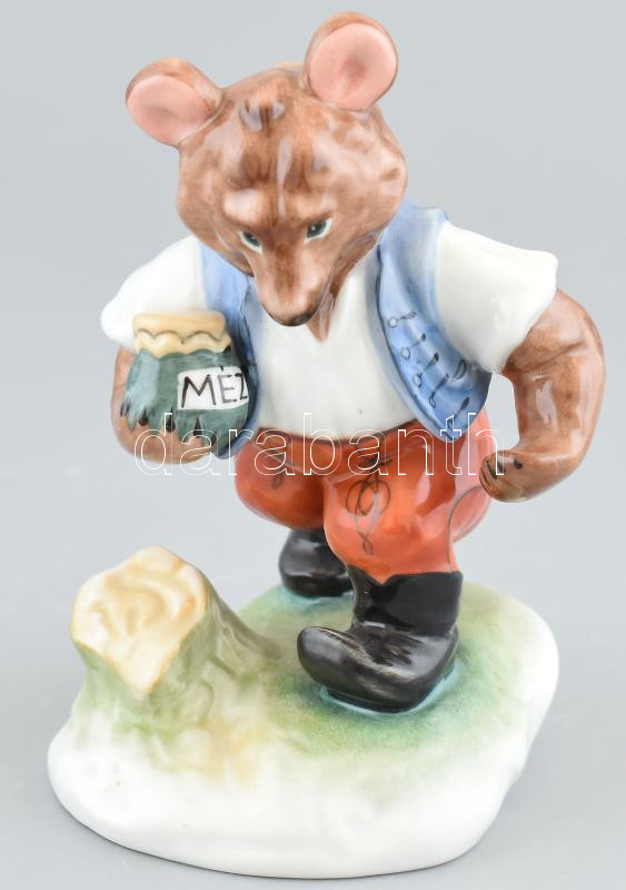Herendi mézet cipelő maci (mackó, medve), kézzel festett, jelzett, hibátlan, m:14 cm