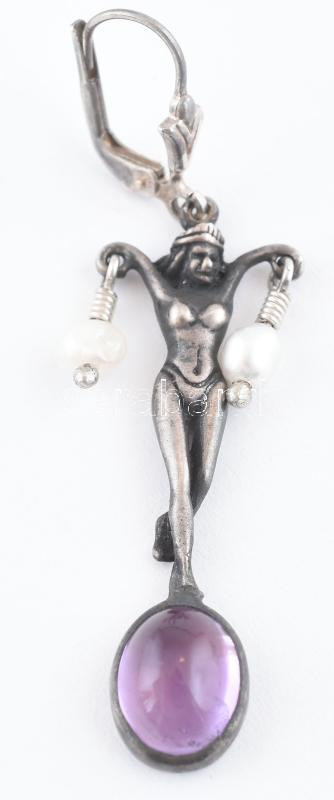 Ezüst (Ag) antik jellegű figurális fülbevaló, ametiszttel és gyönggyel. 6g 5 cm - Image 2