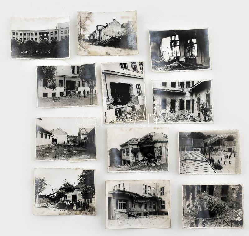 1941 12 db fotó Kassa bombázásáról, 6x8 cm és 6x9 cm közötti méretben