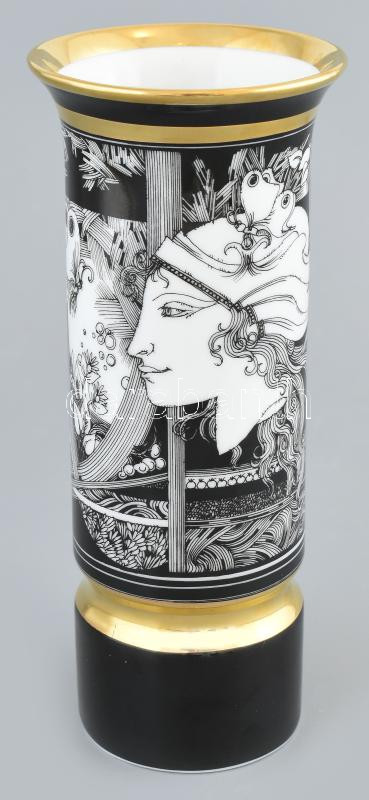 Hollóházi Szász Endre által tervezett mintával díszített porcelán váza, jelzett, matricás, mázhibával, m: 20 cm