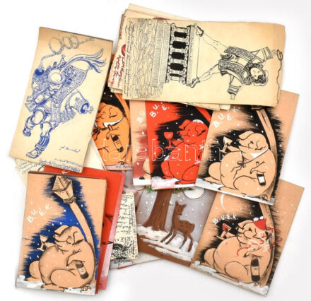 cca 1947-1968 Szilágyiné Farkas Apollónia (?-?) grafikus hagyatékából származó, 21 grafikai terve, különféle színváltozatokkal +10 db egyéb grafikája. Valamint 8 db általa megírt képeslap, rajuk a már elkészült grafikákkal.