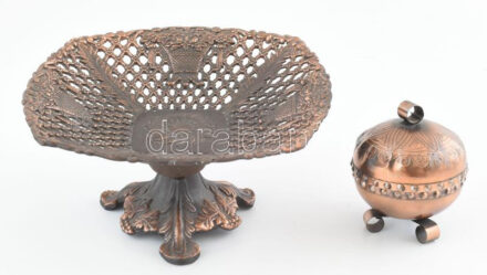 Ékszertartó és kínáló, bronzírozott fém, jelzés nélkül, kopásokkal, m: 8-9cm