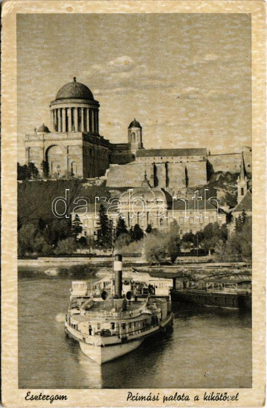 Esztergom, Prímási palota és kikötő, gőzhajó (EK)