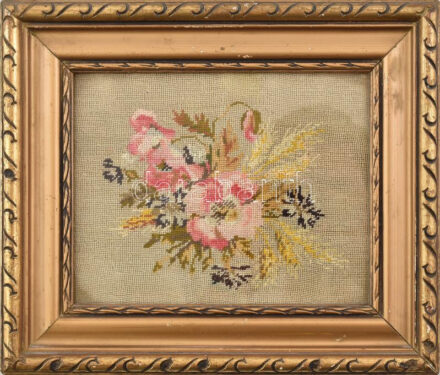 Virágcsokor, gobelin, dekoratív, üvegezett fa keretben, 14x17,5 cm (külső méret: 22x25,5 cm)