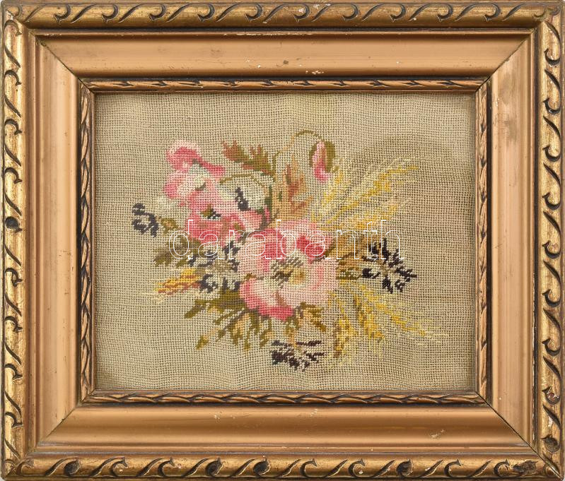 Virágcsokor, gobelin, dekoratív, üvegezett fa keretben, 14x17,5 cm (külső méret: 22x25,5 cm)