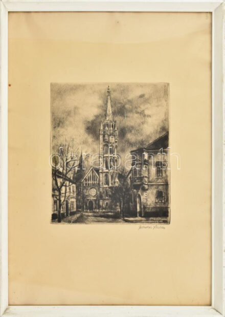 Bordás Ferenc (1911-1982): Mátyás templom, Budai vár. Rézkarc, papír, jelzett, üvegezett fakeretben, 30×28 cm