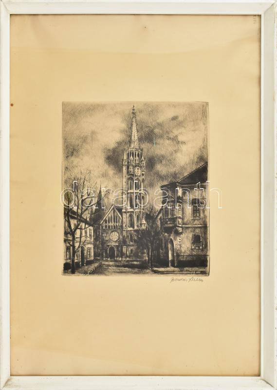 Bordás Ferenc (1911-1982): Mátyás templom, Budai vár. Rézkarc, papír, jelzett, üvegezett fakeretben, 30×28 cm