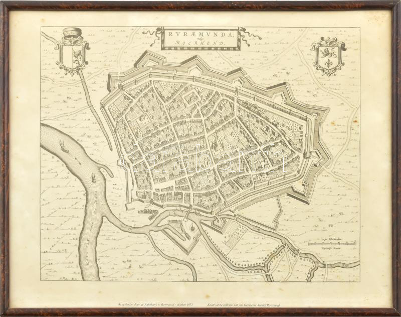 1973 Roermond holland város középkori látképe, reprint térkép, üvegezett keretben, 39x30 cm