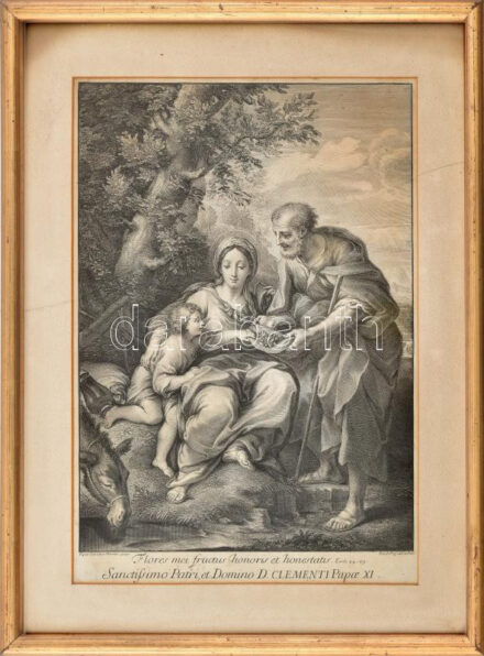 Carlo Maratta (Maratti) (1625-1713) festménye után, Jacob Frey (1681-1752) metszése: Flores mei fructus honoris et honestatis Sanctissimo Patri, et Domino D. Clementi Papae XI. (vallási témájú jelenet). Rézmetszet, papír, XVIII. sz. első