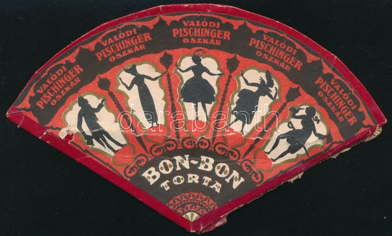 cca 1920 Pischinger Oszkár bon-bon torta. legyező formájú illusztrált reklám, karton, kissé sérült, 9x14,5 cm - Image 2