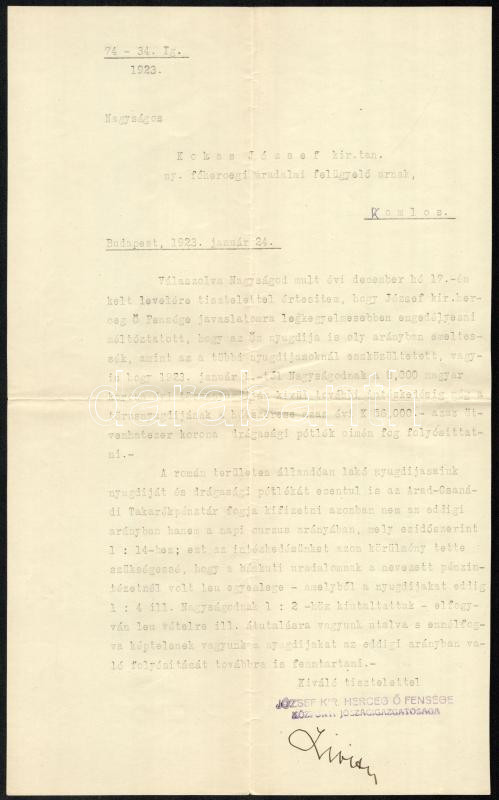 1923 Bp., József kir. herceg központi jószágigazgatósága Kokas József nyugalmazott főhercegi uradalmi felügyelő részére írt levele nyugdíjemelés tárgyában, aláírással, pecséttel