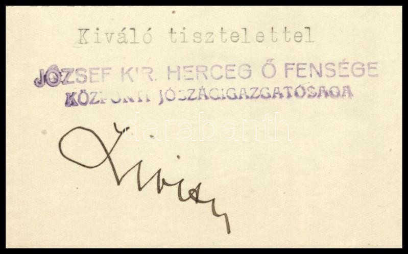 1923 Bp., József kir. herceg központi jószágigazgatósága Kokas József nyugalmazott főhercegi uradalmi felügyelő részére írt levele nyugdíjemelés tárgyában, aláírással, pecséttel - Image 2