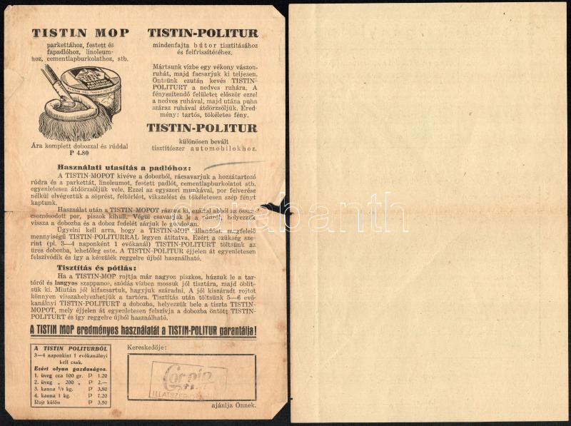 cca 1930 Tistin Mop padló- és bútortisztító, kétoldalas reklámlap, kisebb szakadásokkal + Gramofon igénylőlap, kitöltetlen - Image 2