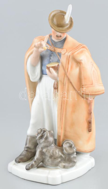 Herendi porcelán kutyáját etető juhász figura, kézzel festett, jelzett (Maugsch 1942), restaurált, m: 20 cm