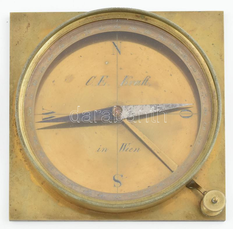 Iránytű XIX. sz. Carl Eduard Kraft, Bécs. Réz, fa, működik, 15x15 cm - Image 3