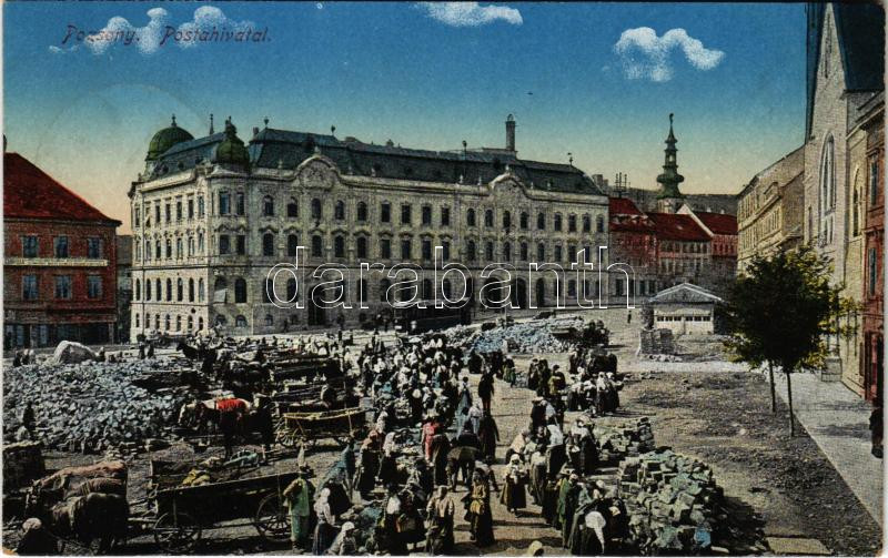 1918 Pozsony, Pressburg, Bratislava; posta, piac, villamos / post office, market, tram (EK)