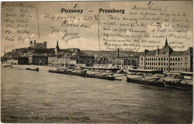 Pozsony, Pressburg, Bratislava; látkép, vár, uszályok. Neffe J. kiadása / general view, castle, barges (EK)