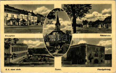 Szenc, Szempcz, Senec; Községháza, autóbusz, Rákóczi utca, Római katolikus templom és elemi iskola, Főszolgabírói hivatal / town hall, autobus, street view, Catholic church, elementary school, chief constable's office (fa)