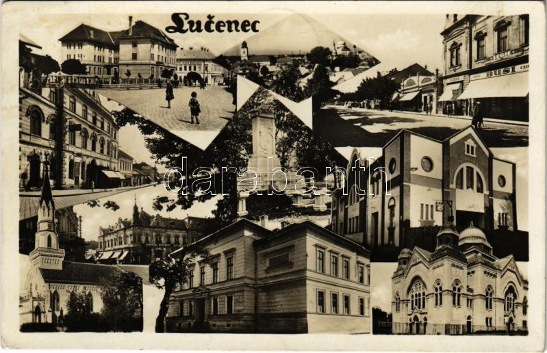 1938 Losonc, Lucenec; mozaiklap, zsinagóga / multi-view postcard with synagogue + '1938 Losonc visszatért' So. Stpl. (EK)