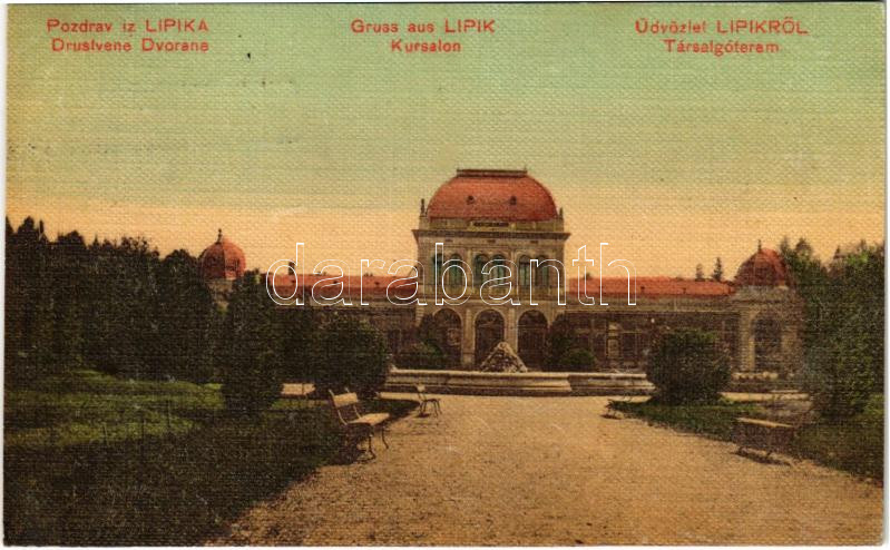 1913 Lipik, Kursalon / fürdő, társalgóterem / spa, bath + 'BROD - NAGY-KANIZSA 62. SZ.' vasúti mozgóposta bélyegző (EK)