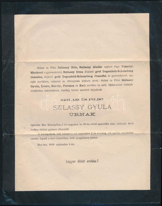 1889 Bex (Svájc), szilasi és pilisi Szilassy Gyula halotti értesítője, gyászjelentés, kis lapszéli szakadással