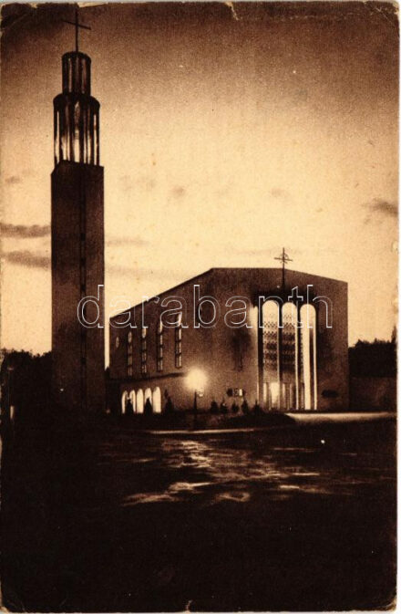 1936 Budapest II. Pasaréti Ferences Szent Antal templom esti kivilágításban. Tervezte: Rimanóczy Gyula építész. Révész-Biró felvétele. Kiadja a Szentföld Magyarország Biztosi Hivatala (kis szakadások / small tears)