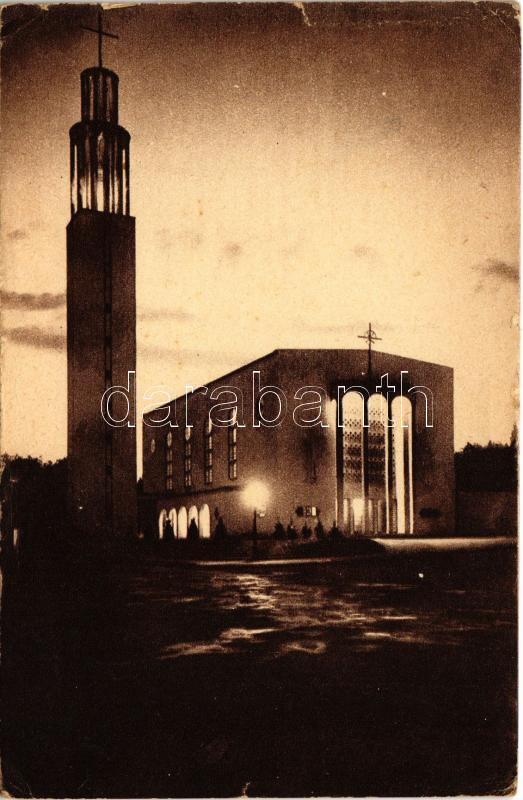 1936 Budapest II. Pasaréti Ferences Szent Antal templom esti kivilágításban. Tervezte: Rimanóczy Gyula építész. Révész-Biró felvétele. Kiadja a Szentföld Magyarország Biztosi Hivatala (kis szakadások / small tears)