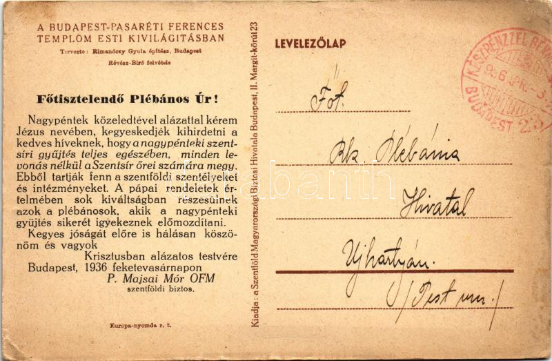 1936 Budapest II. Pasaréti Ferences Szent Antal templom esti kivilágításban. Tervezte: Rimanóczy Gyula építész. Révész-Biró felvétele. Kiadja a Szentföld Magyarország Biztosi Hivatala (kis szakadások / small tears) - Image 2